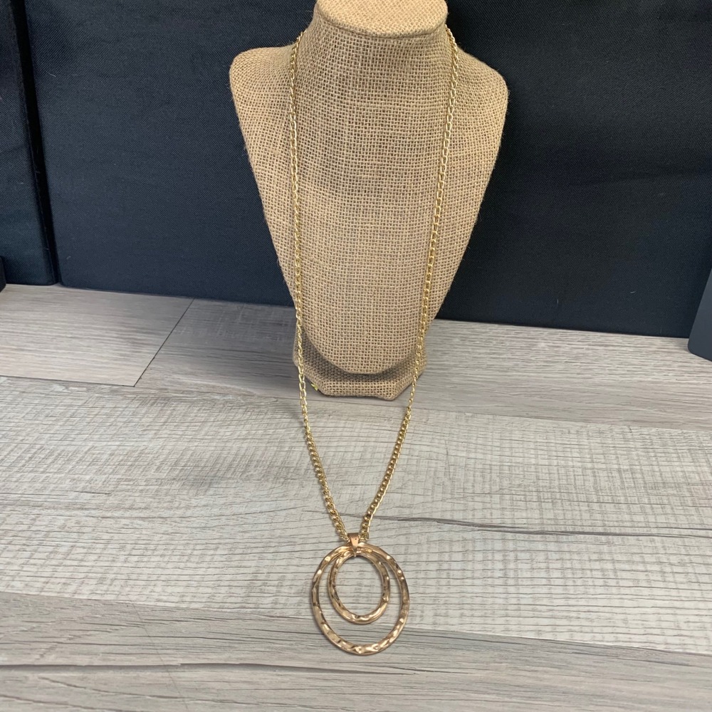 Gold Tone Hammered Double Oval Pendant Long Chain Necklace 32 Inch